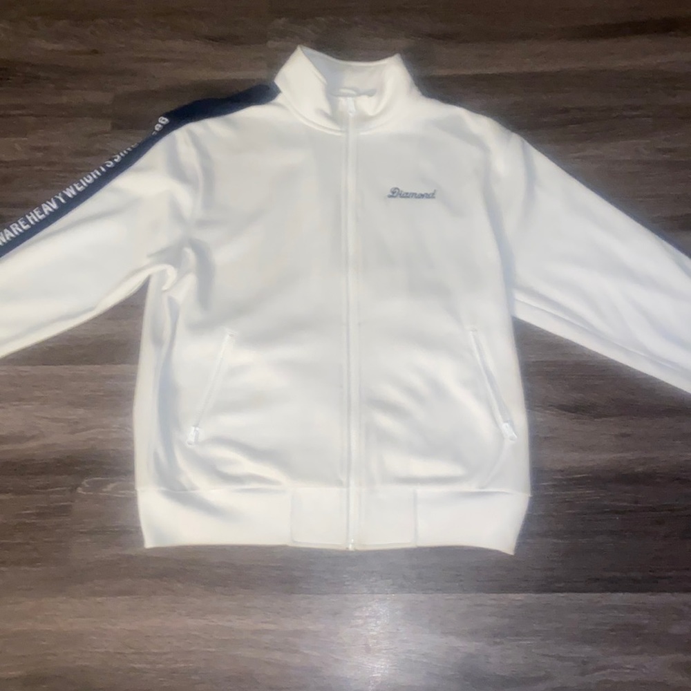 Diamond supply co white and blue zip up sweater